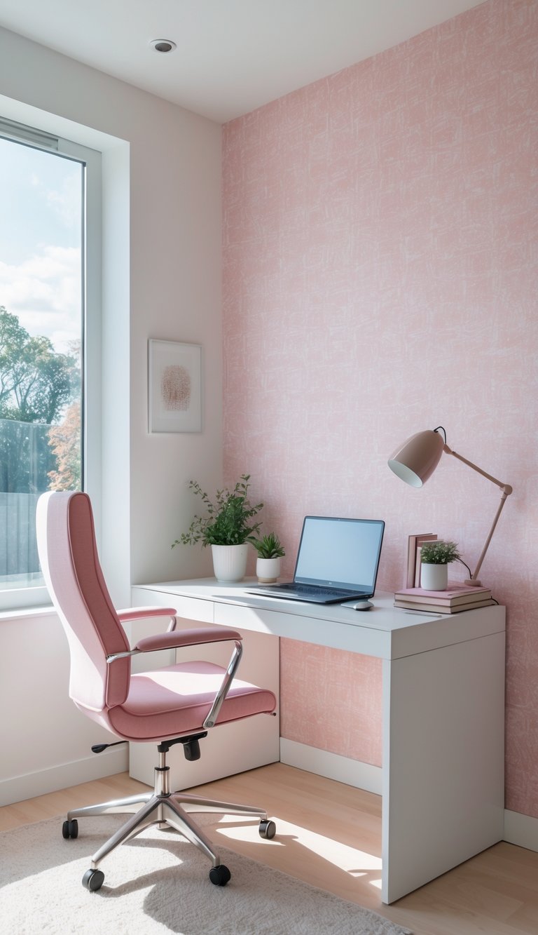 A bright home office with a white desk, ergonomic pink chair, and subtle pink patterned wallpaper on the accent wall.