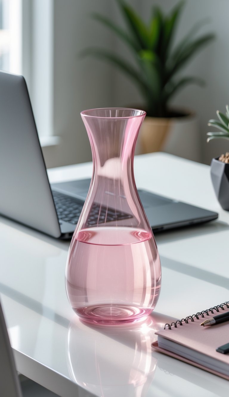 A pink glass water carafe filled with water on a clean office desk with a laptop, plant, and notebook.