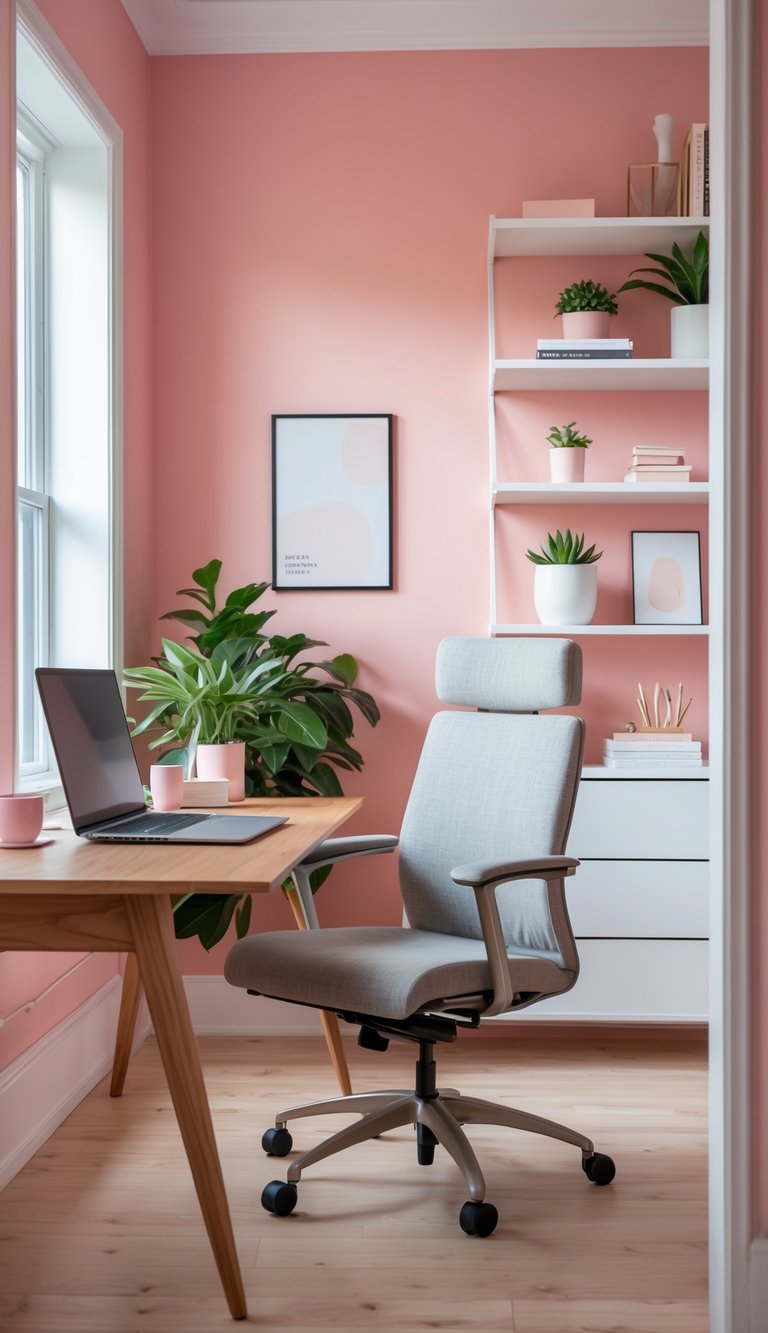 A home office with warm pink walls and white trim, featuring a wooden desk with a laptop, a chair, plants, and shelves with books and decorations.