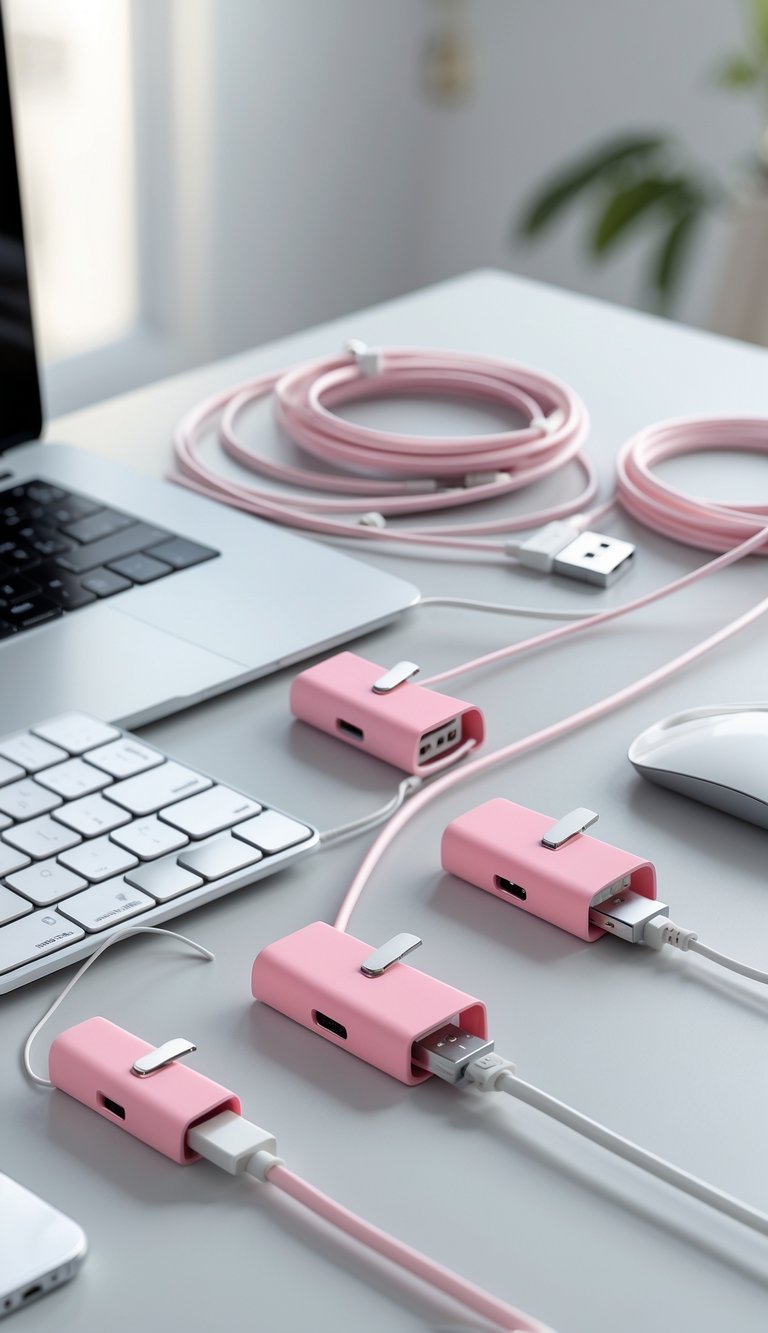 A tidy home office desk with rosy pink cable clips organizing various wires and cables around a laptop and keyboard.