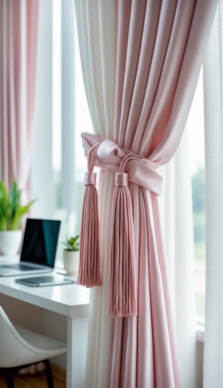 A home office window with blush pink curtains held back by matching tiebacks, sunlight streaming in over a desk with a laptop and plant.