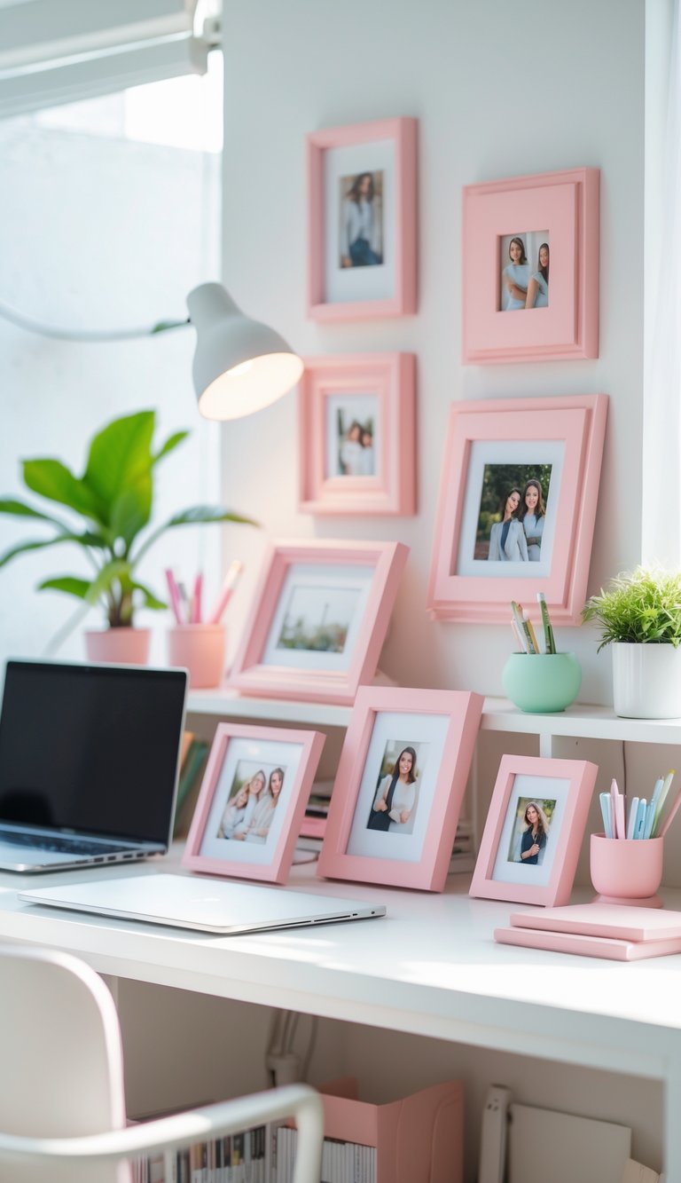 A home office desk with soft pink picture frames holding personal photos, surrounded by a laptop, plant, and office supplies.