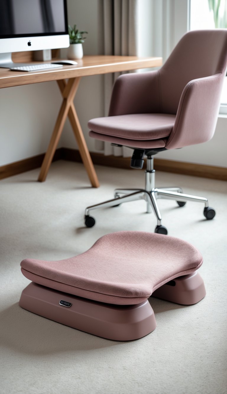 Dusty pink ergonomic footrest placed under a home office desk with a chair and workspace in the background.