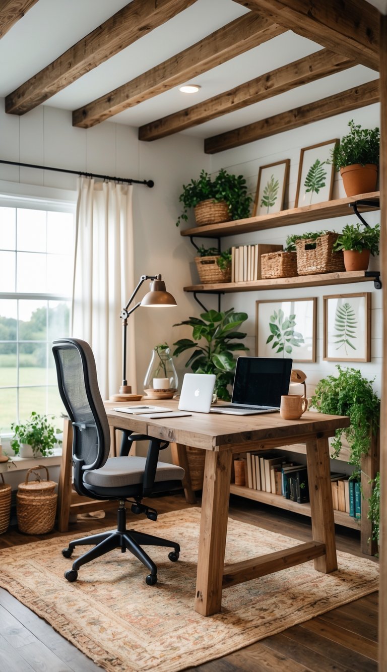 A farmhouse home office with a wooden desk, chair, shelves with books and plants, and natural light coming through windows.