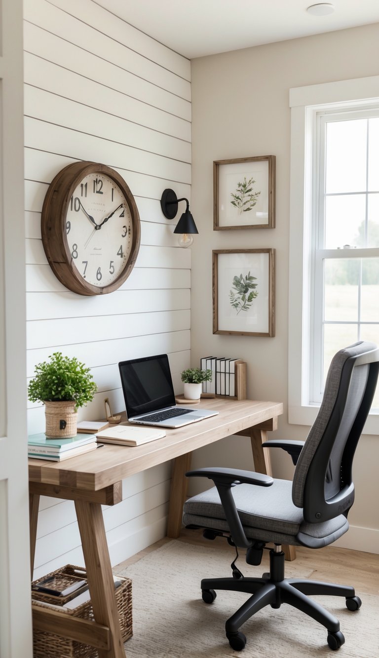 A home office with a white shiplap wall, wooden desk, laptop, plant, chair, and decorative items.
