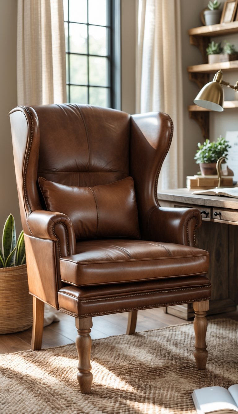 A leather wingback chair next to a wooden desk in a home office with natural light and plants.