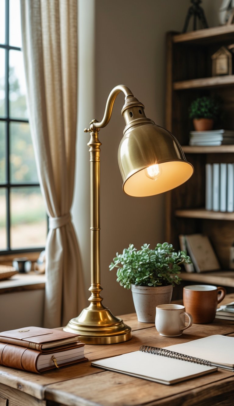 A vintage brass desk lamp on a wooden desk surrounded by office supplies and a small plant in a home office.