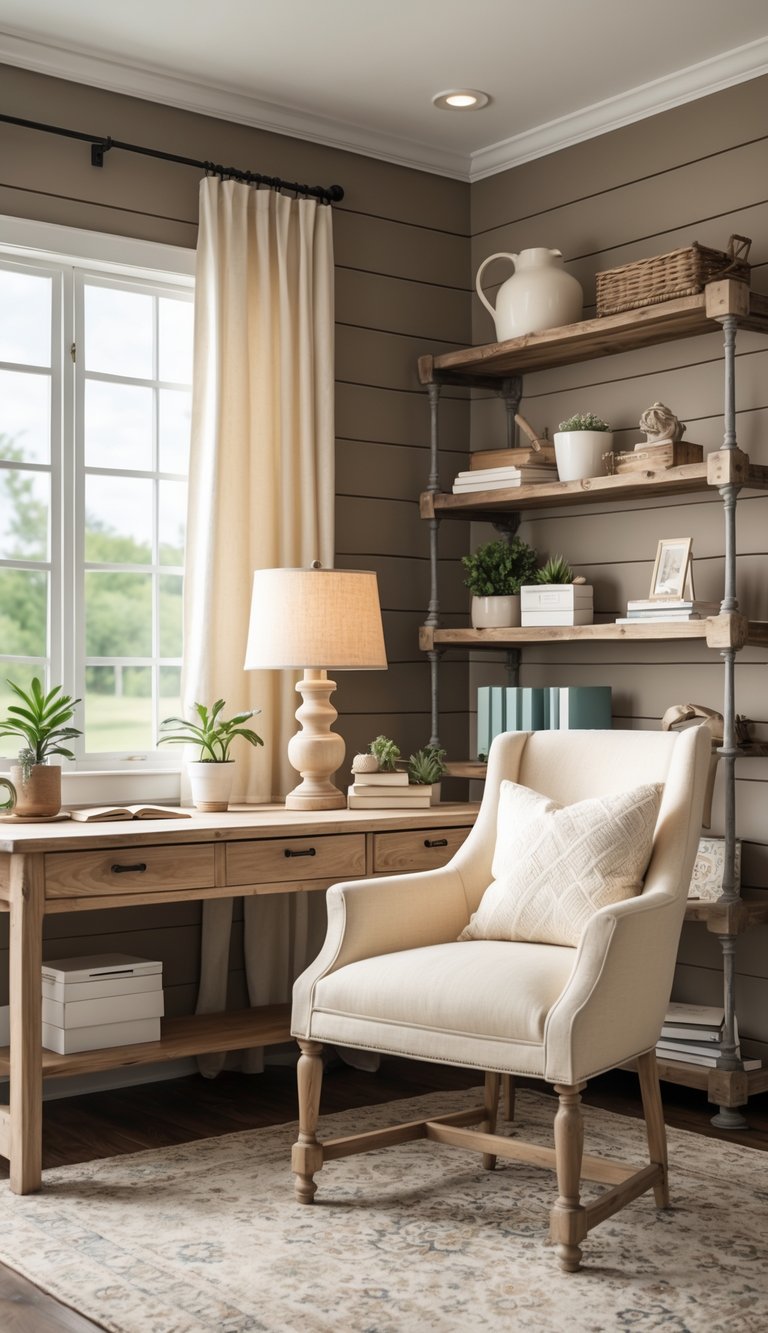 A farmhouse home office with a wooden desk, upholstered chair, shelves with decor, and natural light coming through a window.