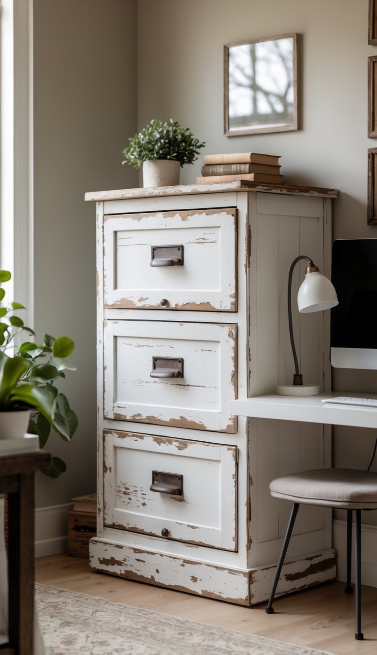 A filing cabinet in a home office with a plant, books, and a desk lamp nearby.