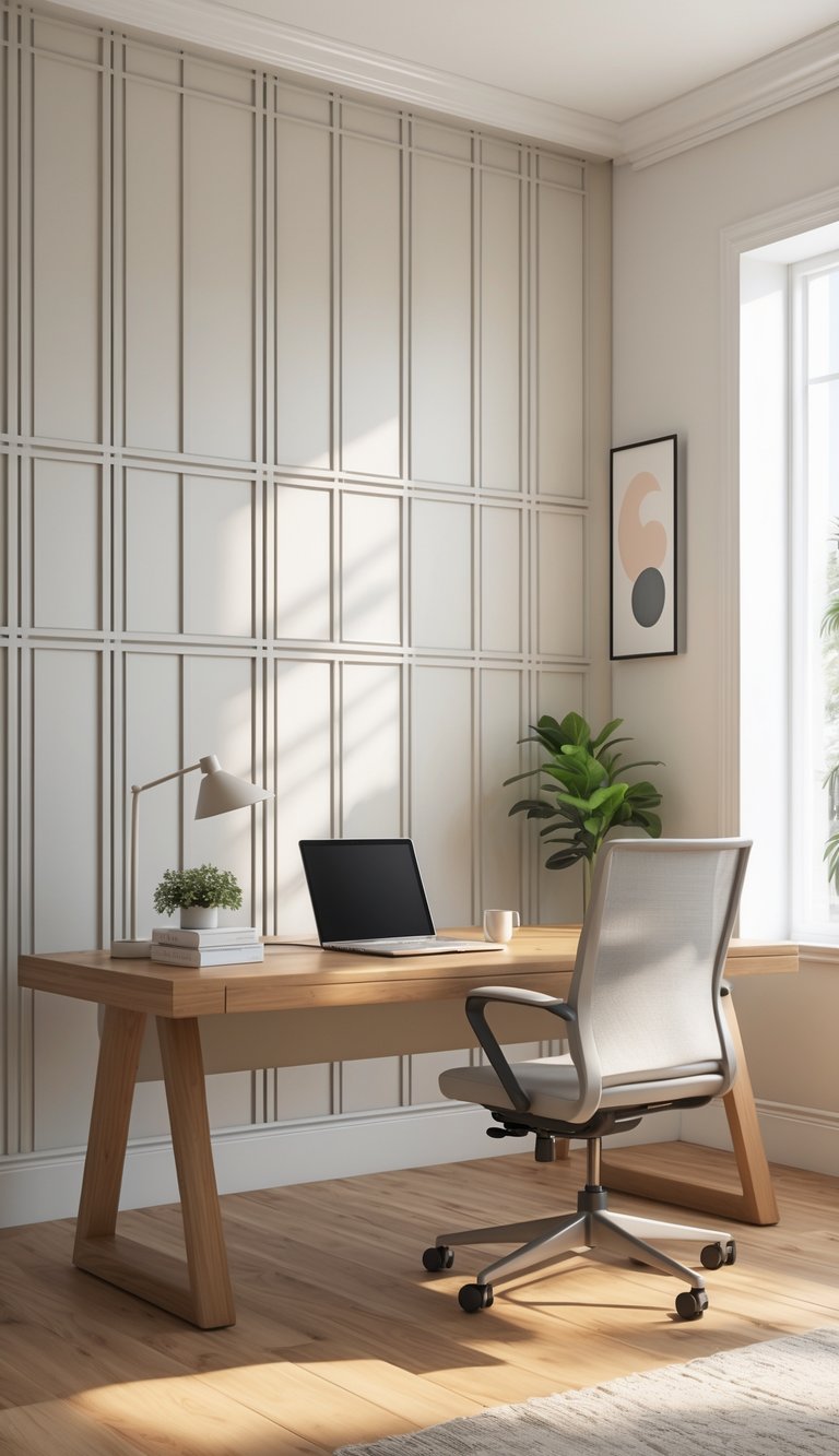 A bright home office with a wooden desk, ergonomic chair, and a wall featuring classic grid paneling.
