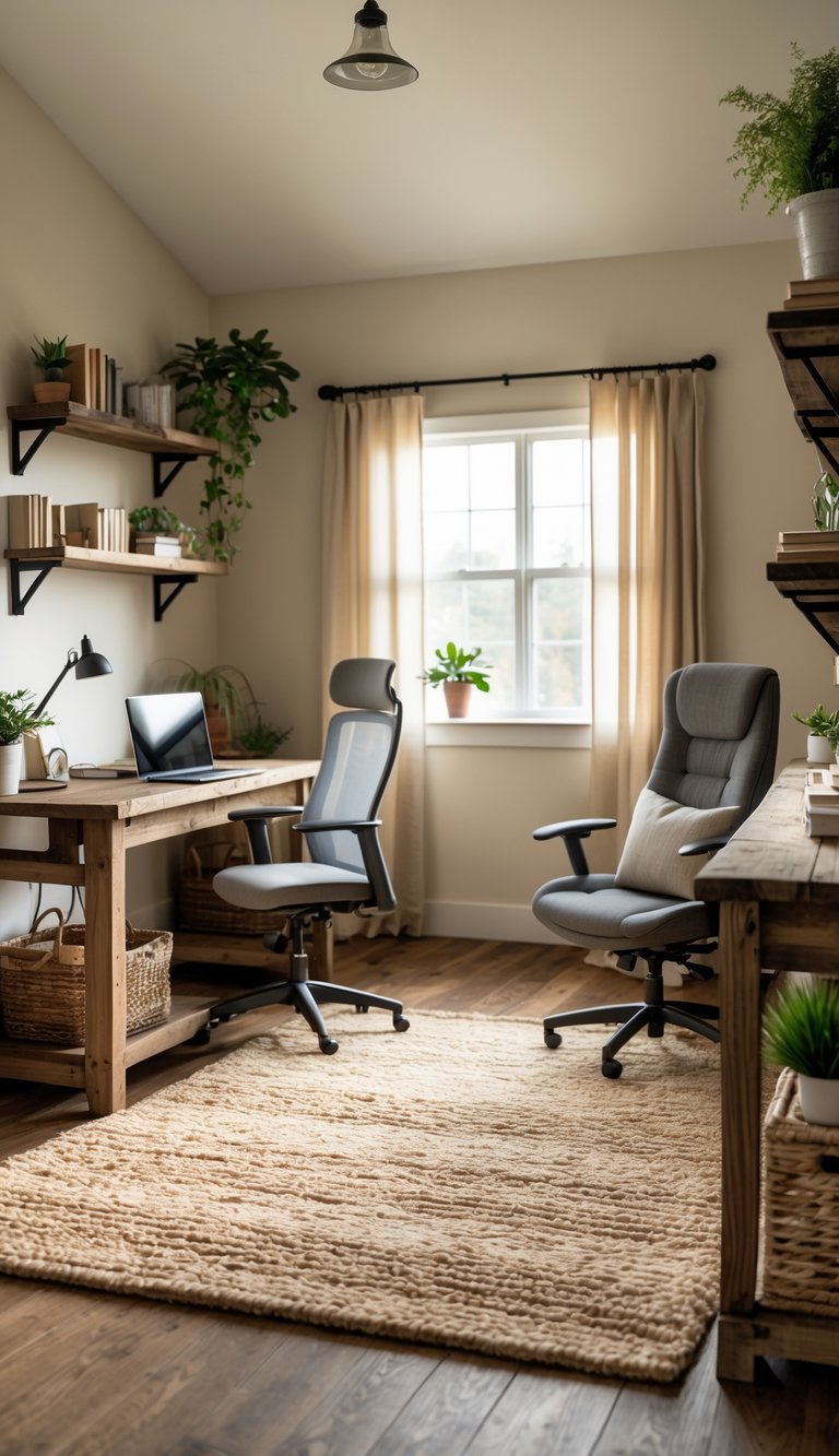 A home office with a soft wool rug on the floor, a wooden desk with a laptop, an ergonomic chair, shelves with books and plants, and natural light coming through a window.