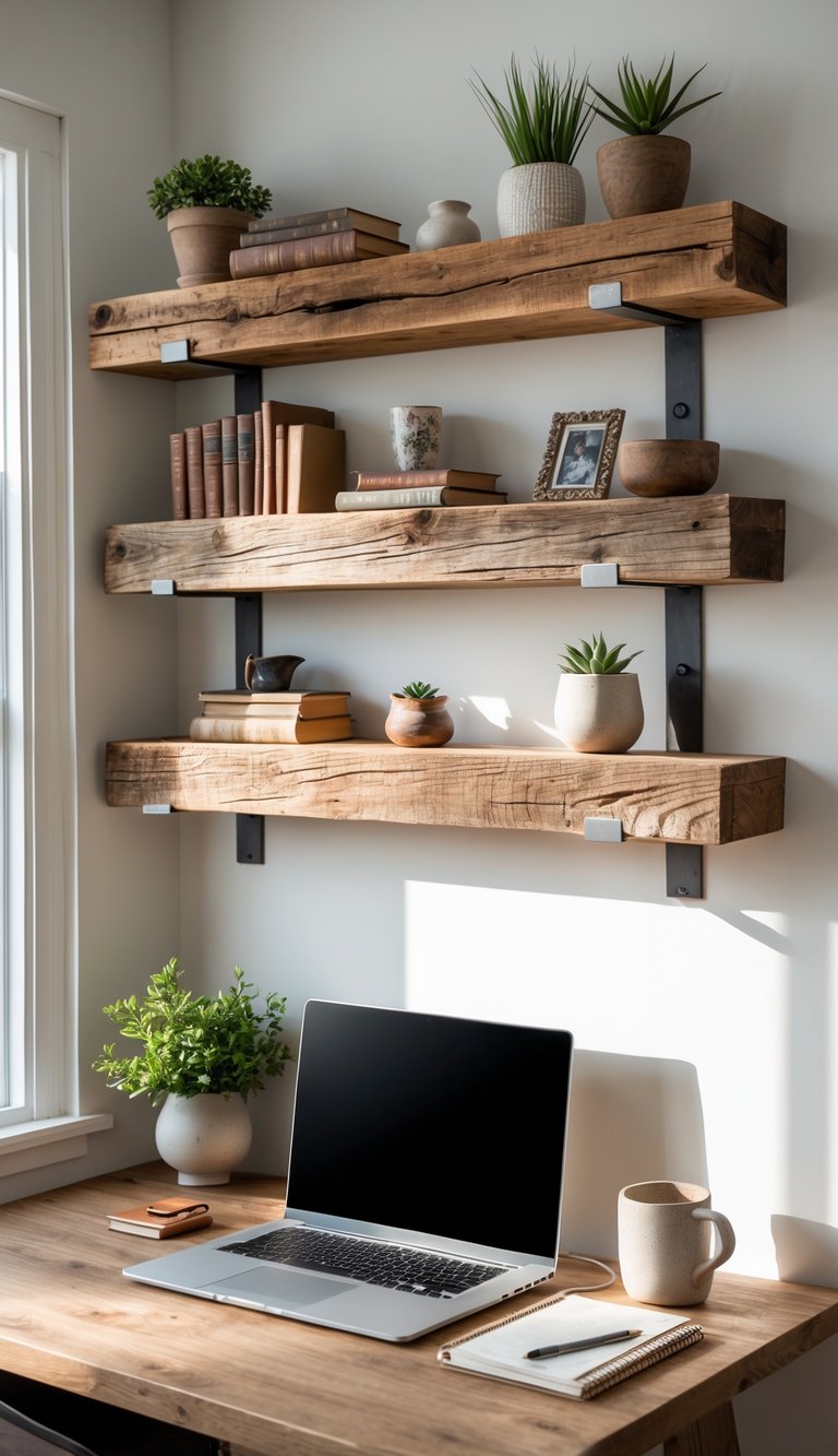 A home office with floating wooden shelves holding books, plants, and decor above a wooden desk with a laptop and mug.