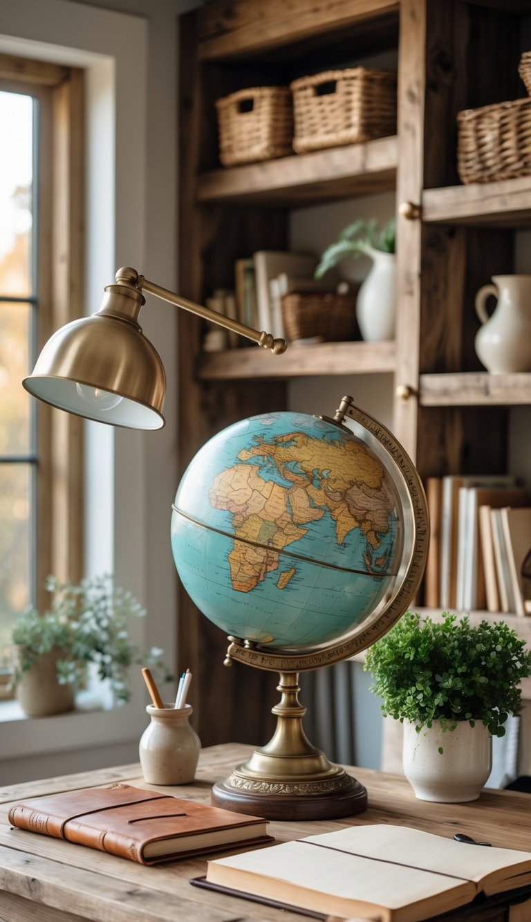 A home office with a wooden desk, antique globe, bookshelves, and natural light coming through a window.
