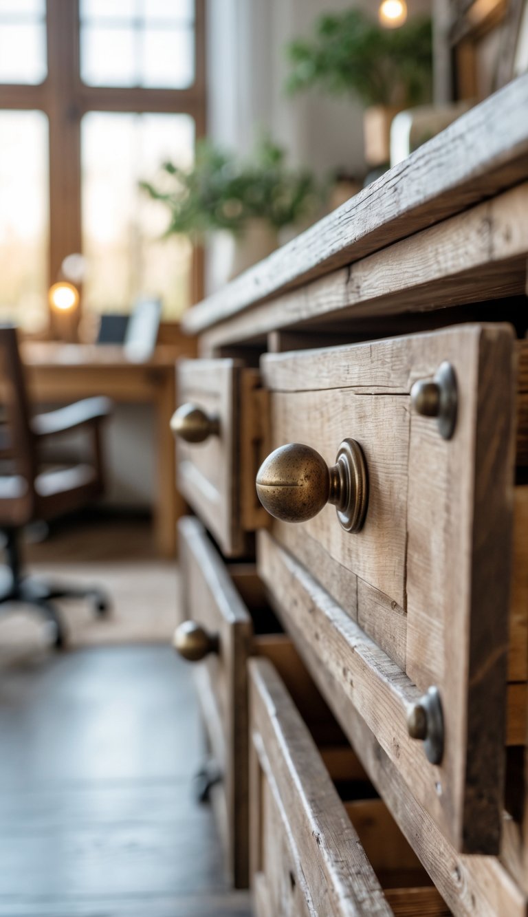 Close-up of aged brass drawer pulls on wooden drawers in a farmhouse home office setting.