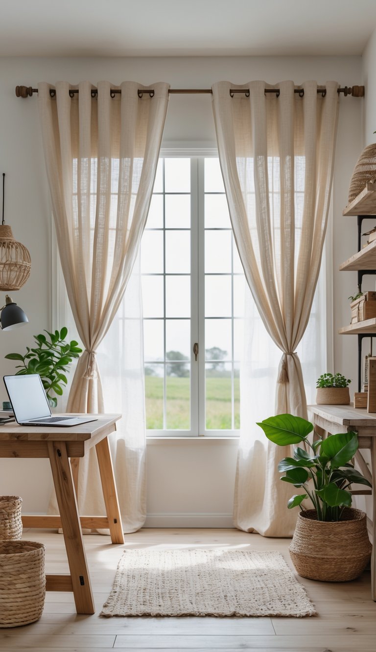 A bright home office with large windows covered by natural linen curtains, a wooden desk with a laptop, and green plants.