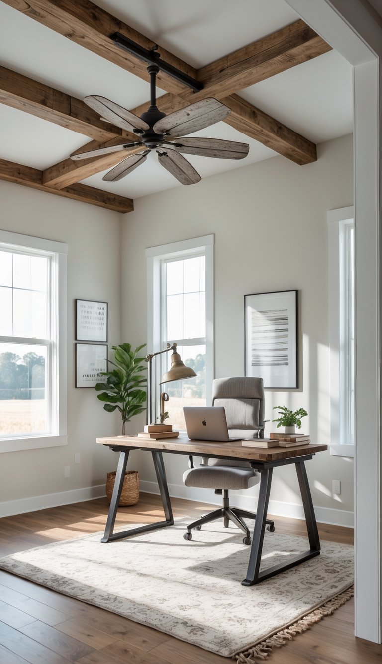 A home office with a wooden desk, laptop, potted plant, and an industrial ceiling fan hanging from the ceiling beams.