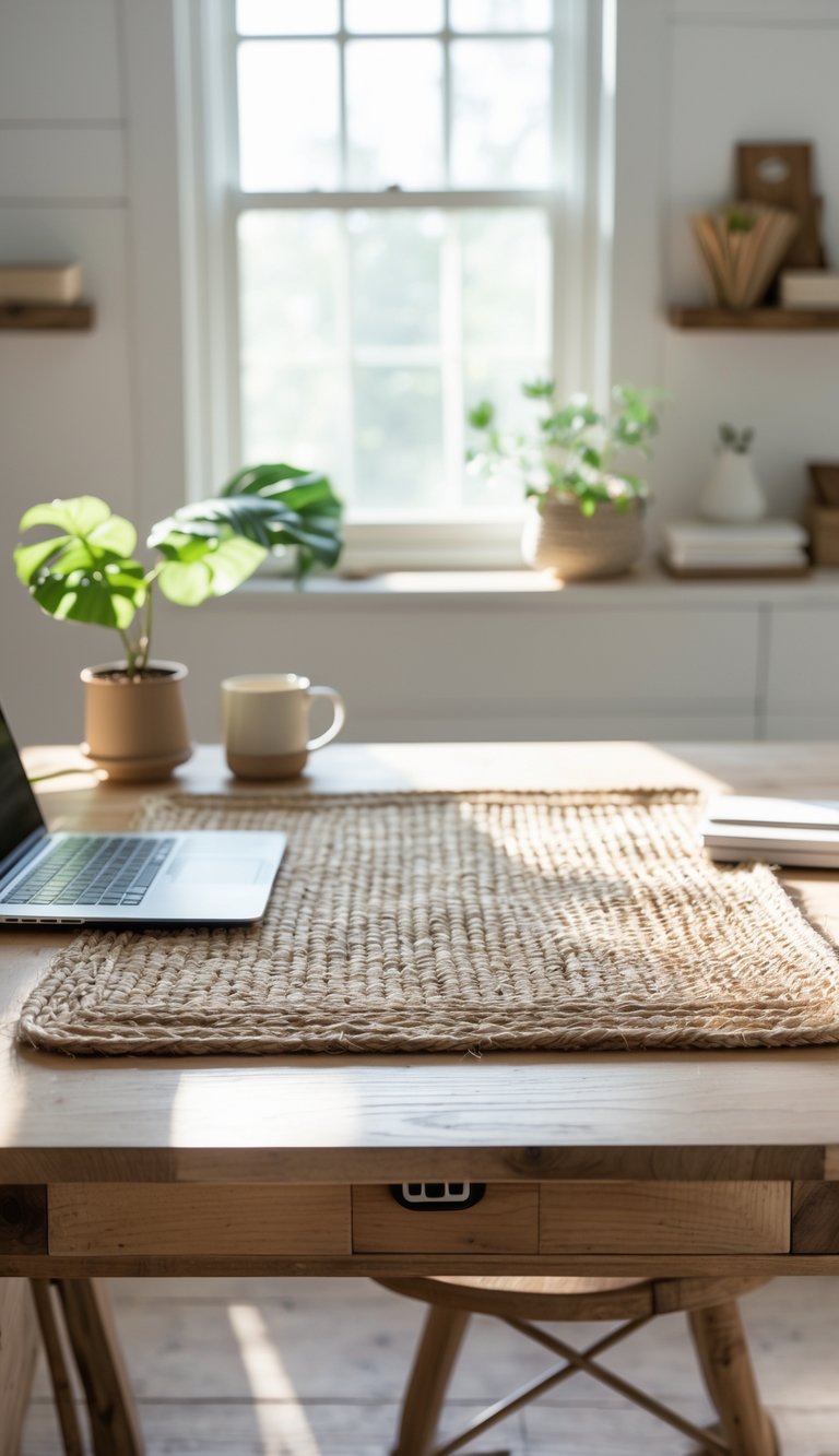 A handwoven jute desk mat on a wooden desk with a laptop, coffee mug, plant, and notebooks in a bright home office.