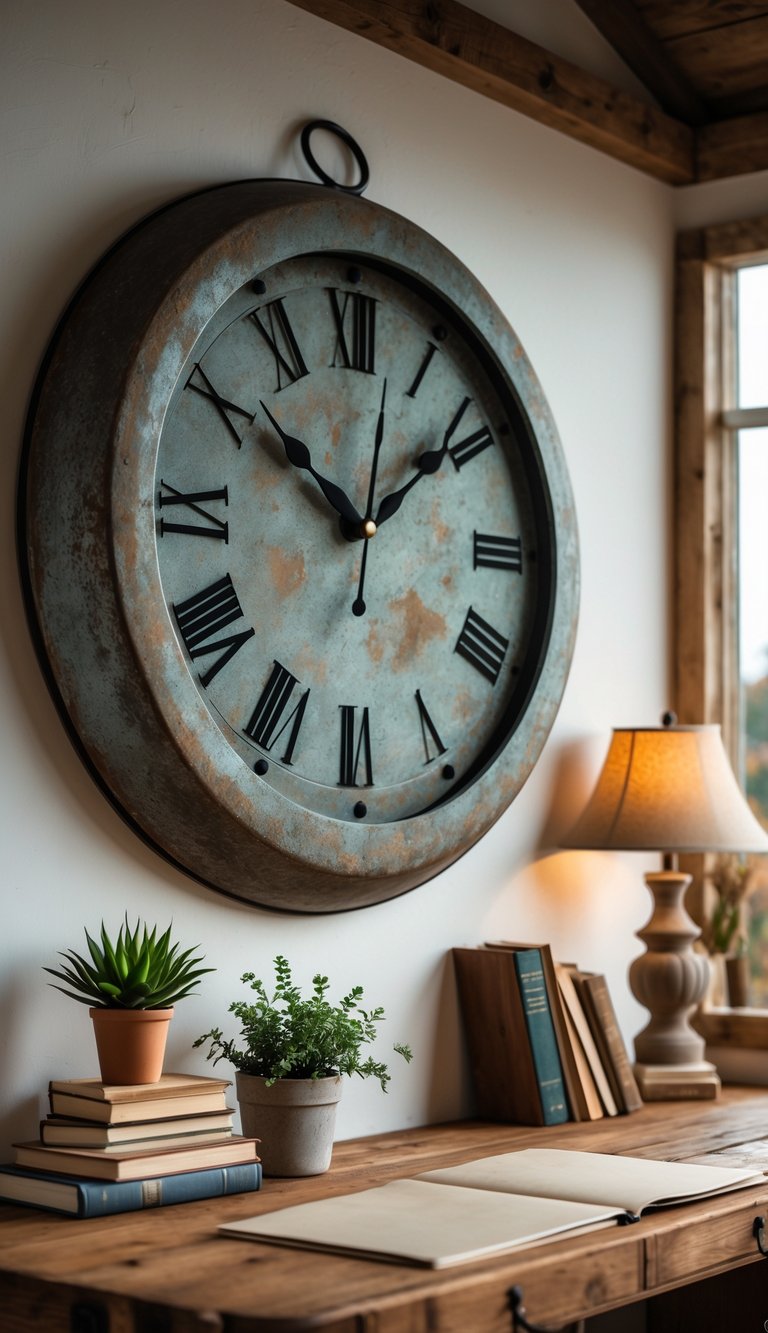A rustic metal wall clock with Roman numerals hanging above a wooden desk in a home office.
