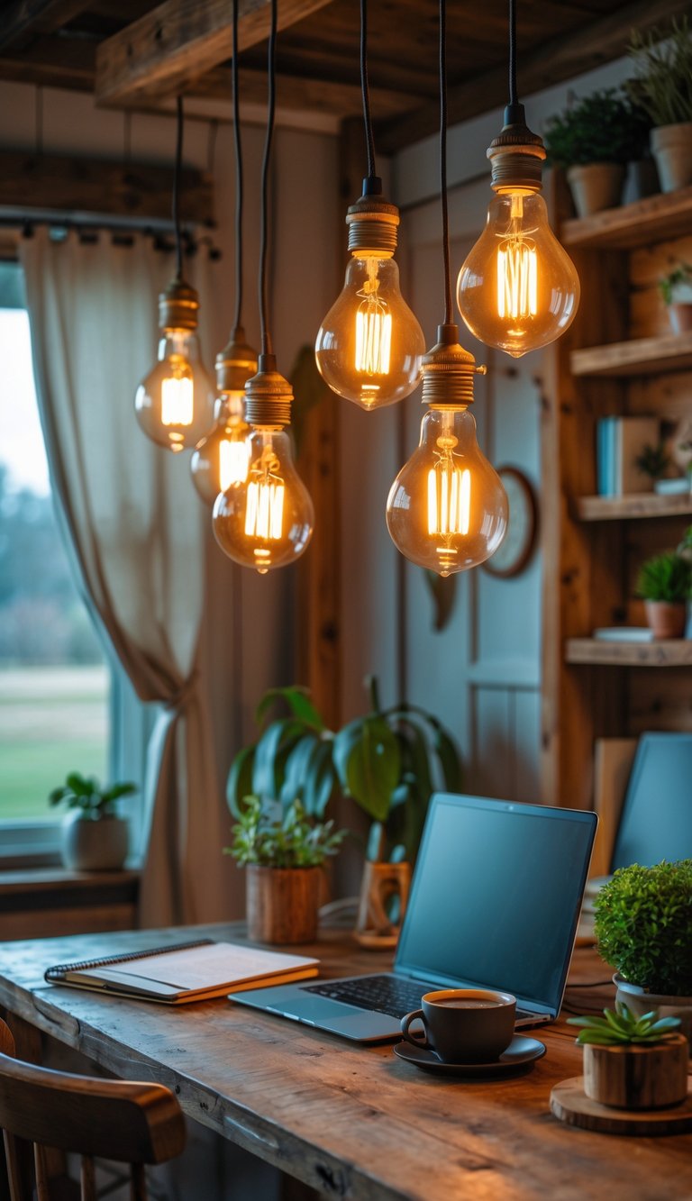 A farmhouse home office with a wooden desk, laptop, coffee cup, and warm glowing vintage Edison bulbs hanging above.
