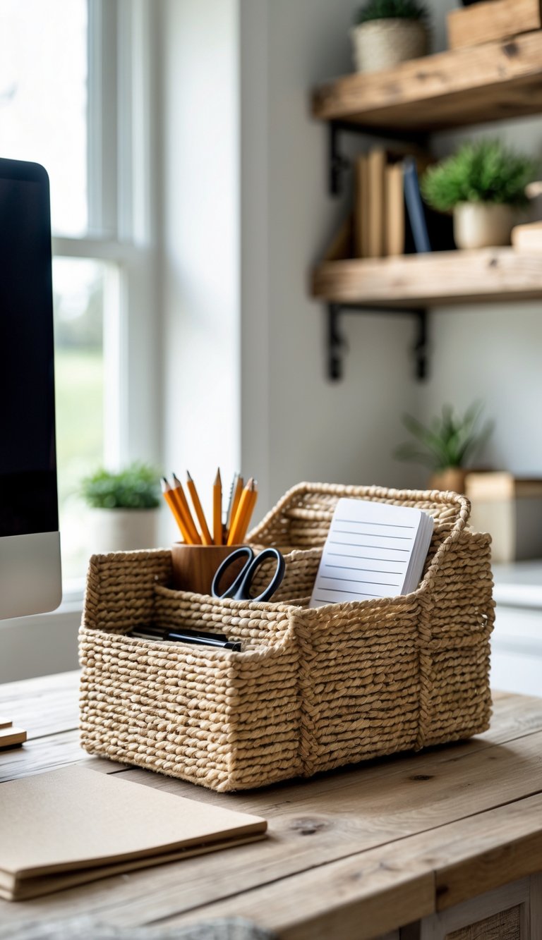 A woven seagrass desk organizer holding office supplies on a wooden desk in a bright home office.