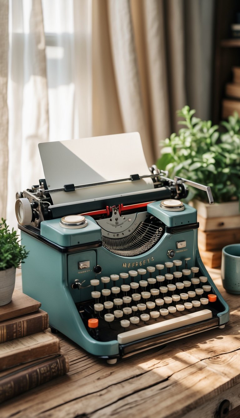 A vintage typewriter displayed on a wooden desk in a cozy home office with a plant and books nearby.