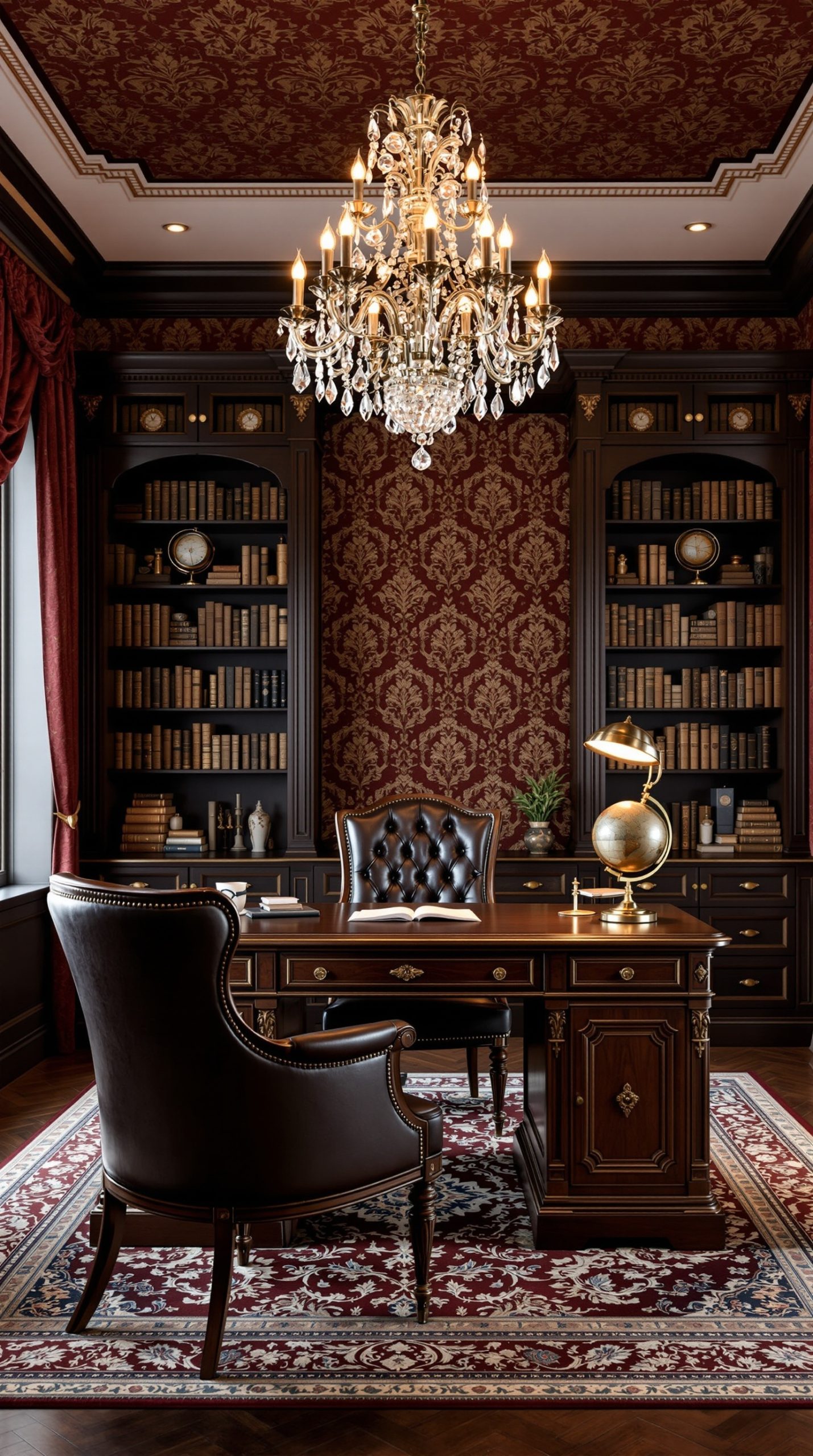 Luxurious Victorian home office with burgundy damask wallpaper and dark wood furniture