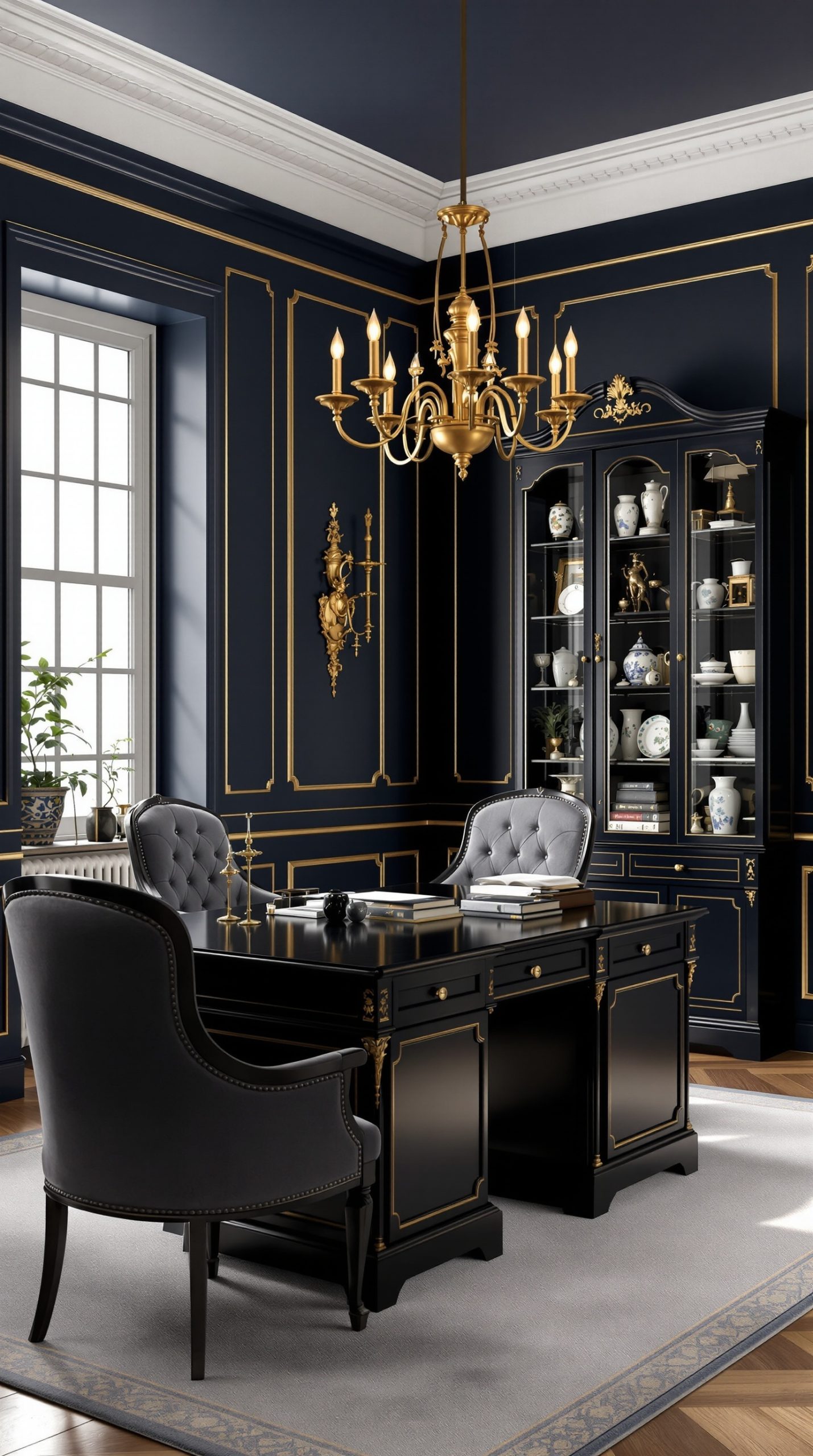 Elegant Victorian office with navy blue walls and gold trim molding