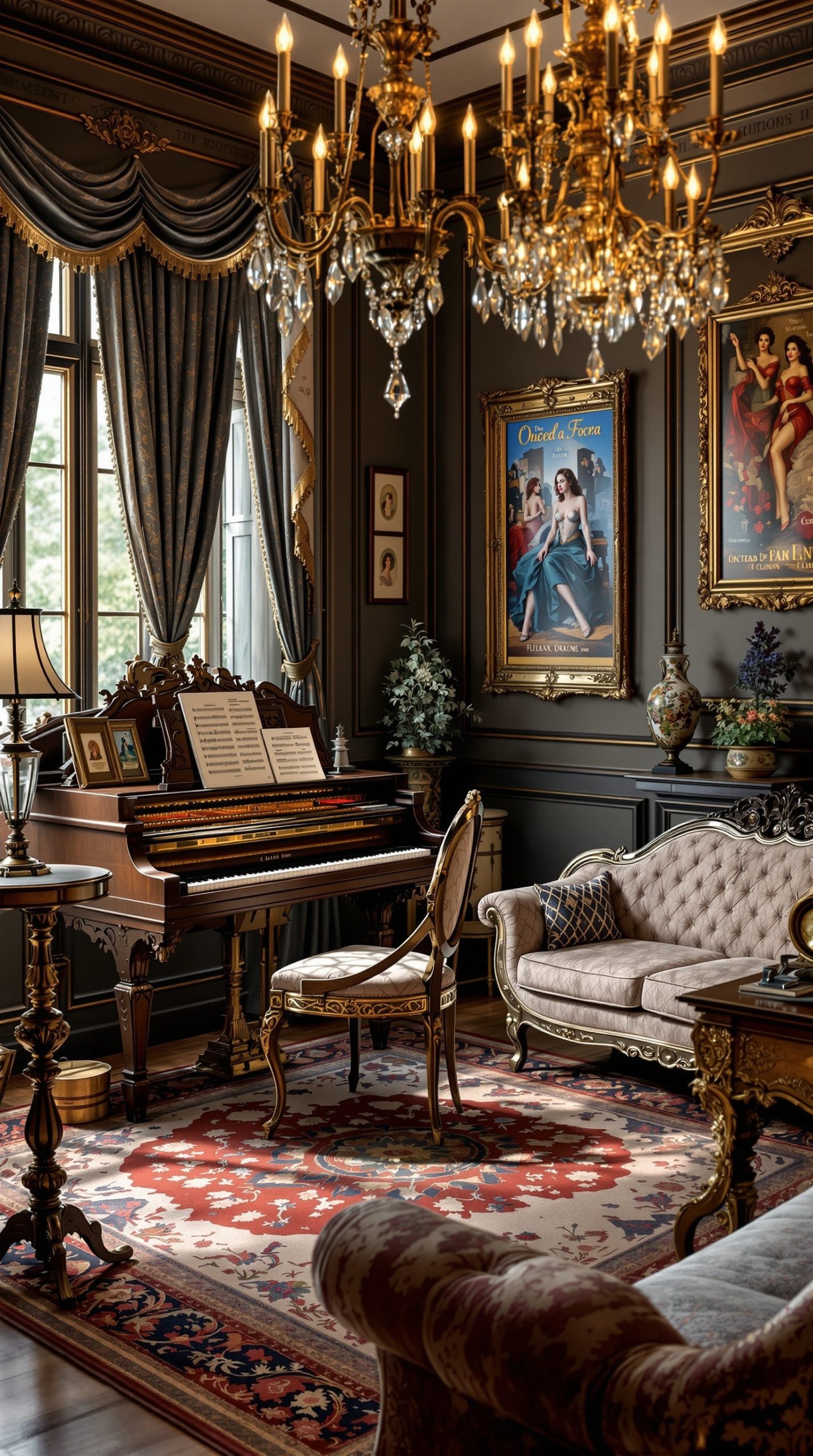 Victorian music room converted to office with grand piano and writing desk