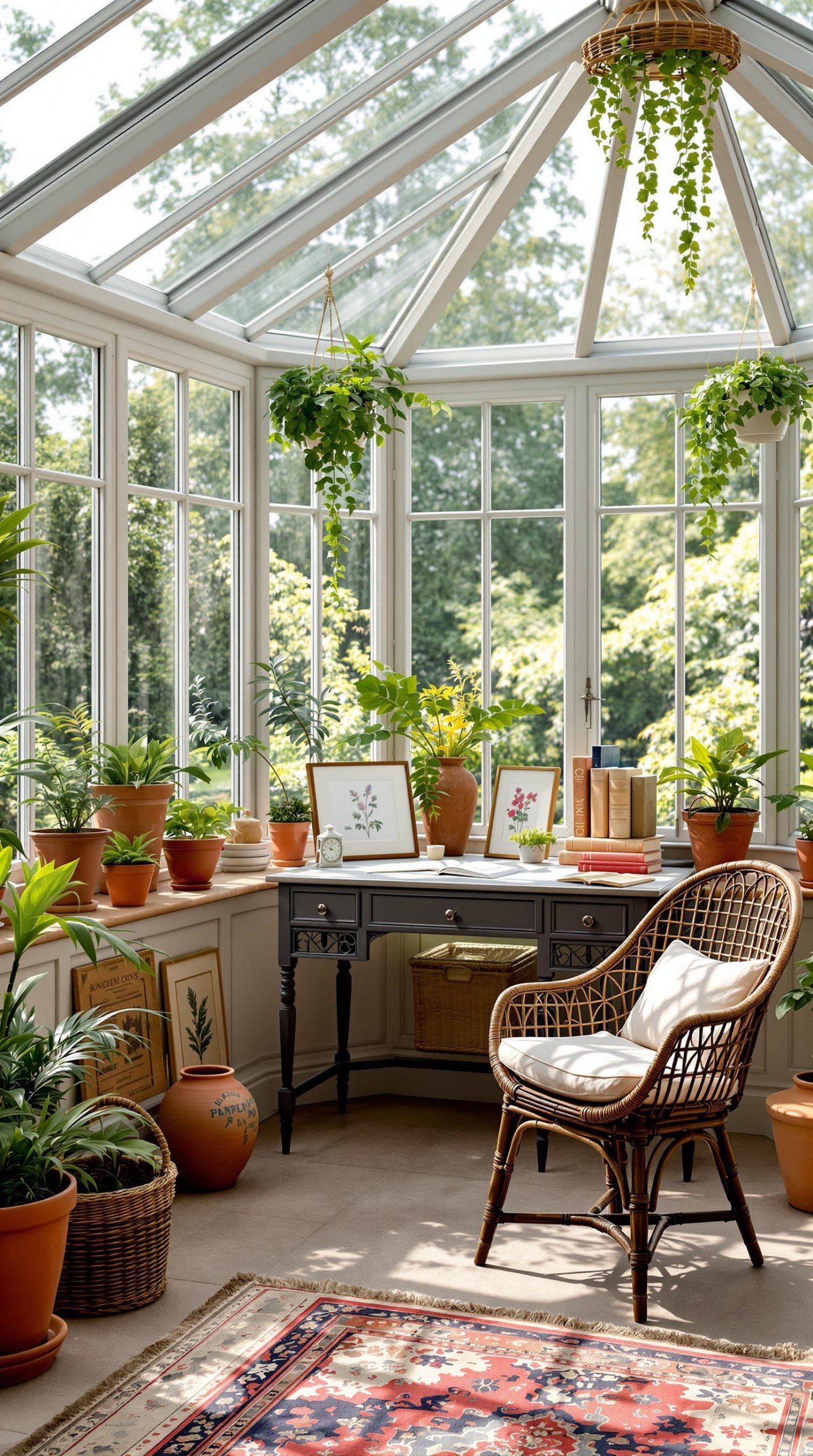 Victorian conservatory office with glass walls and botanical elements
