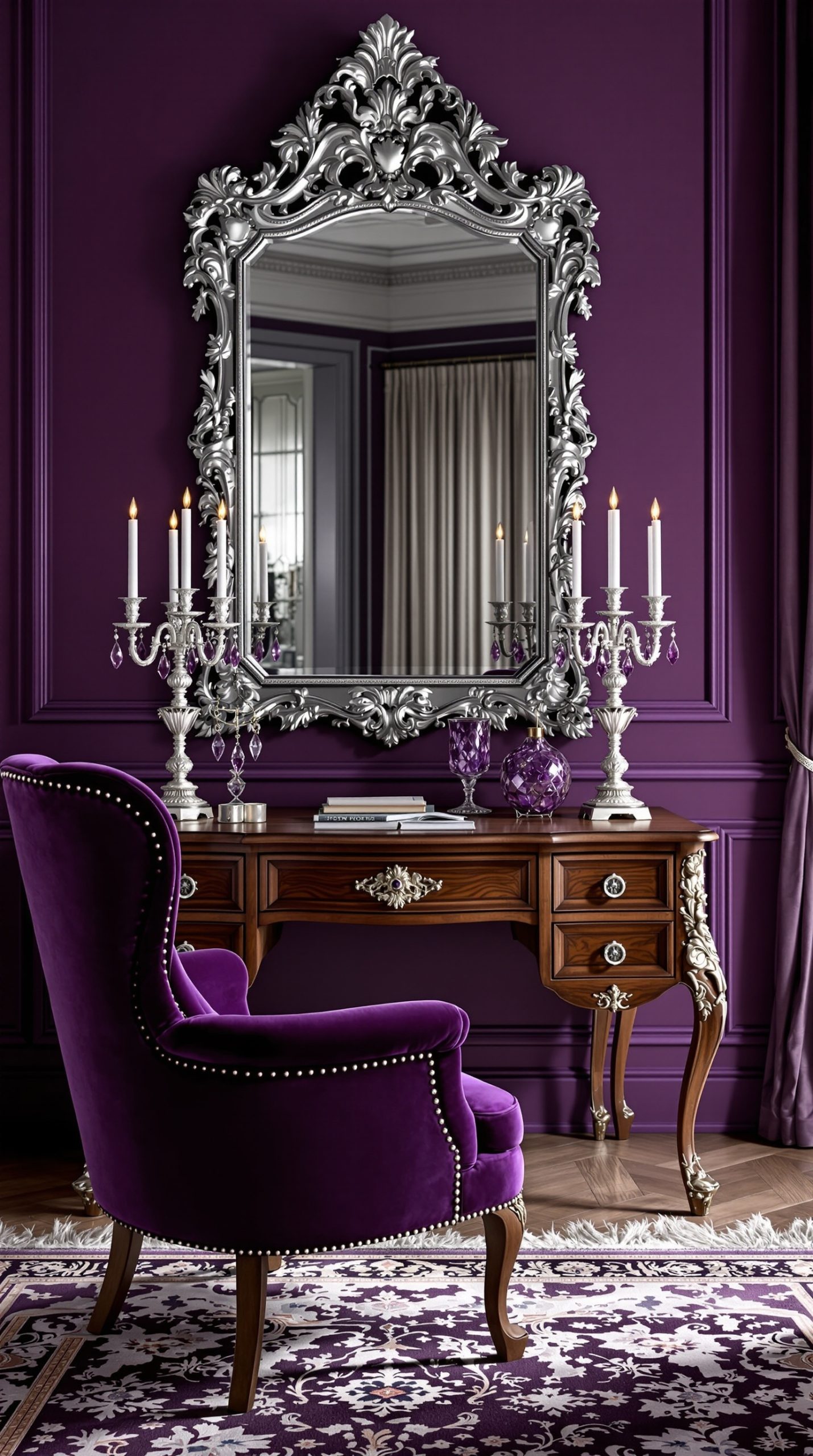 Victorian office with plum purple walls and silver metallic accents