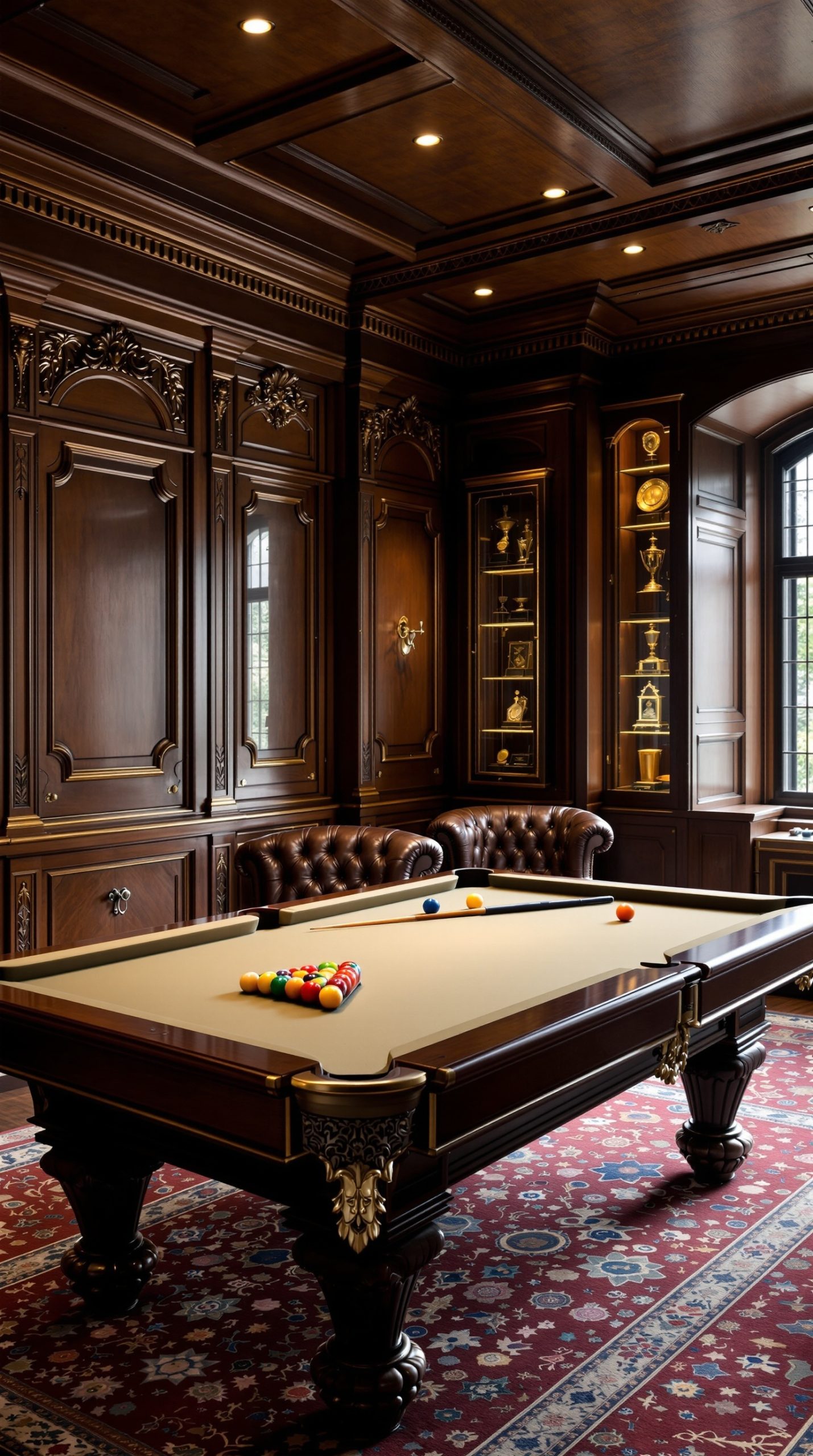 Victorian billiard room office with antique billiard table and leather chesterfield