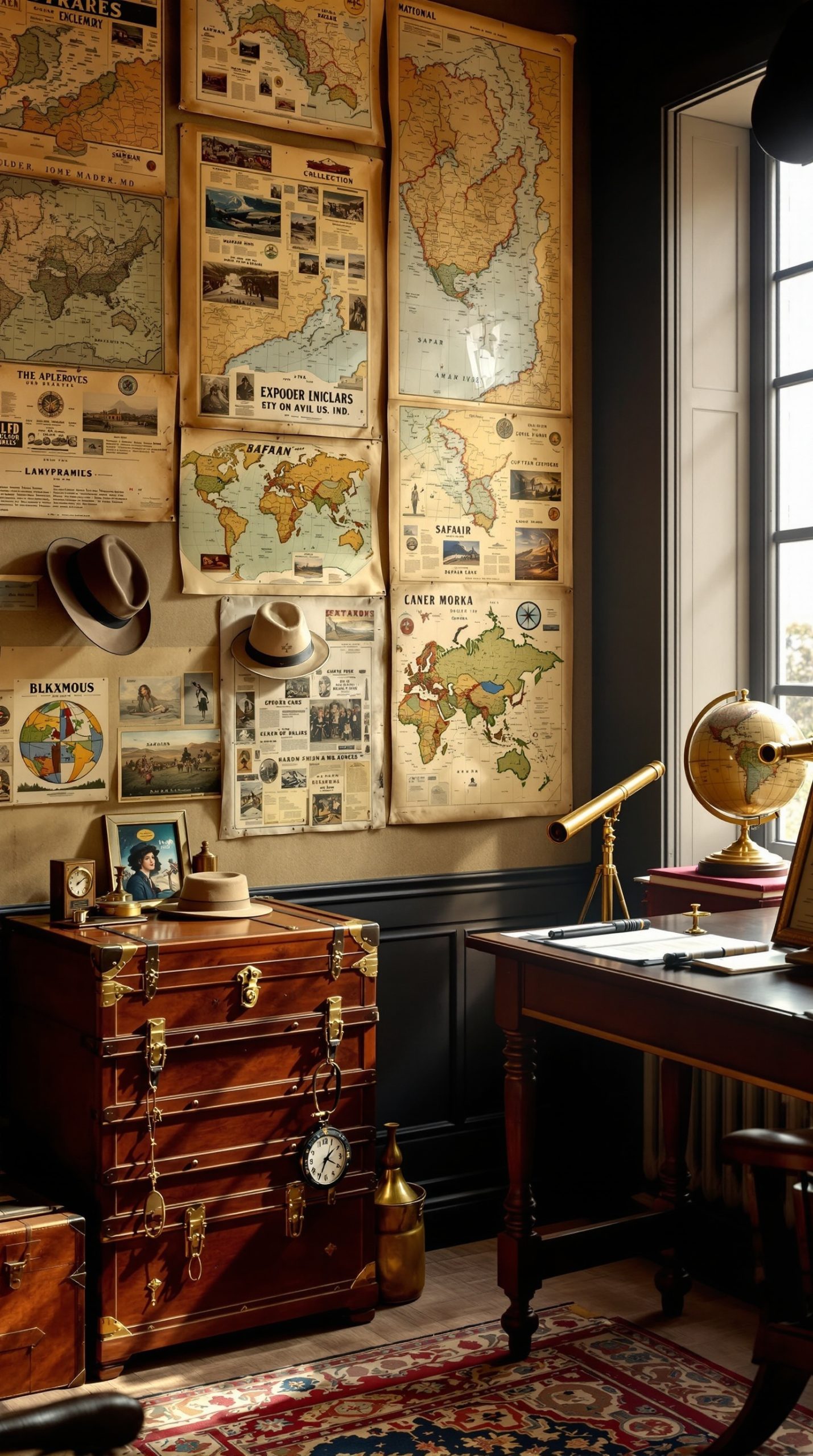 Victorian explorer's office with antique maps and brass telescope