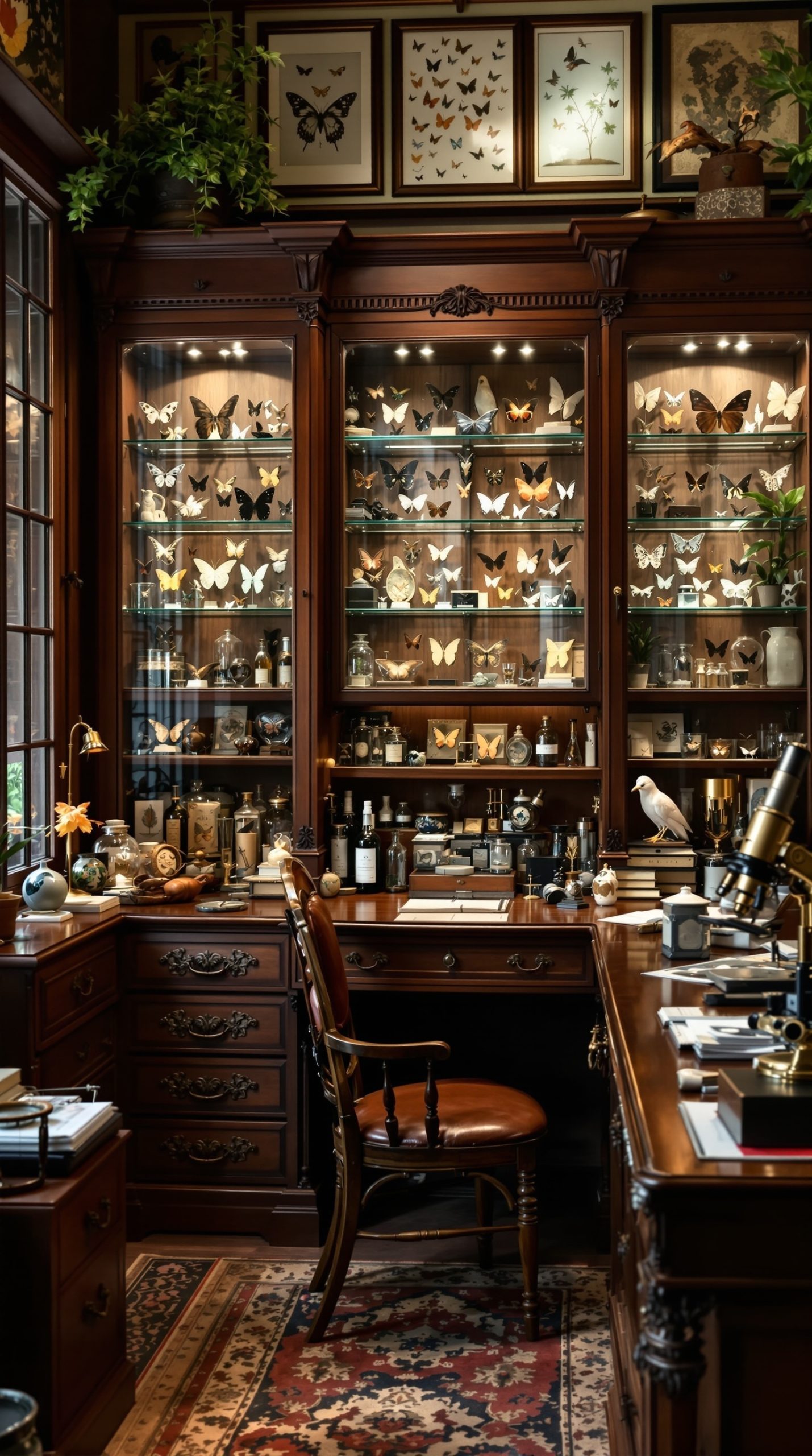 Victorian naturalist office with butterfly collections and specimen jars