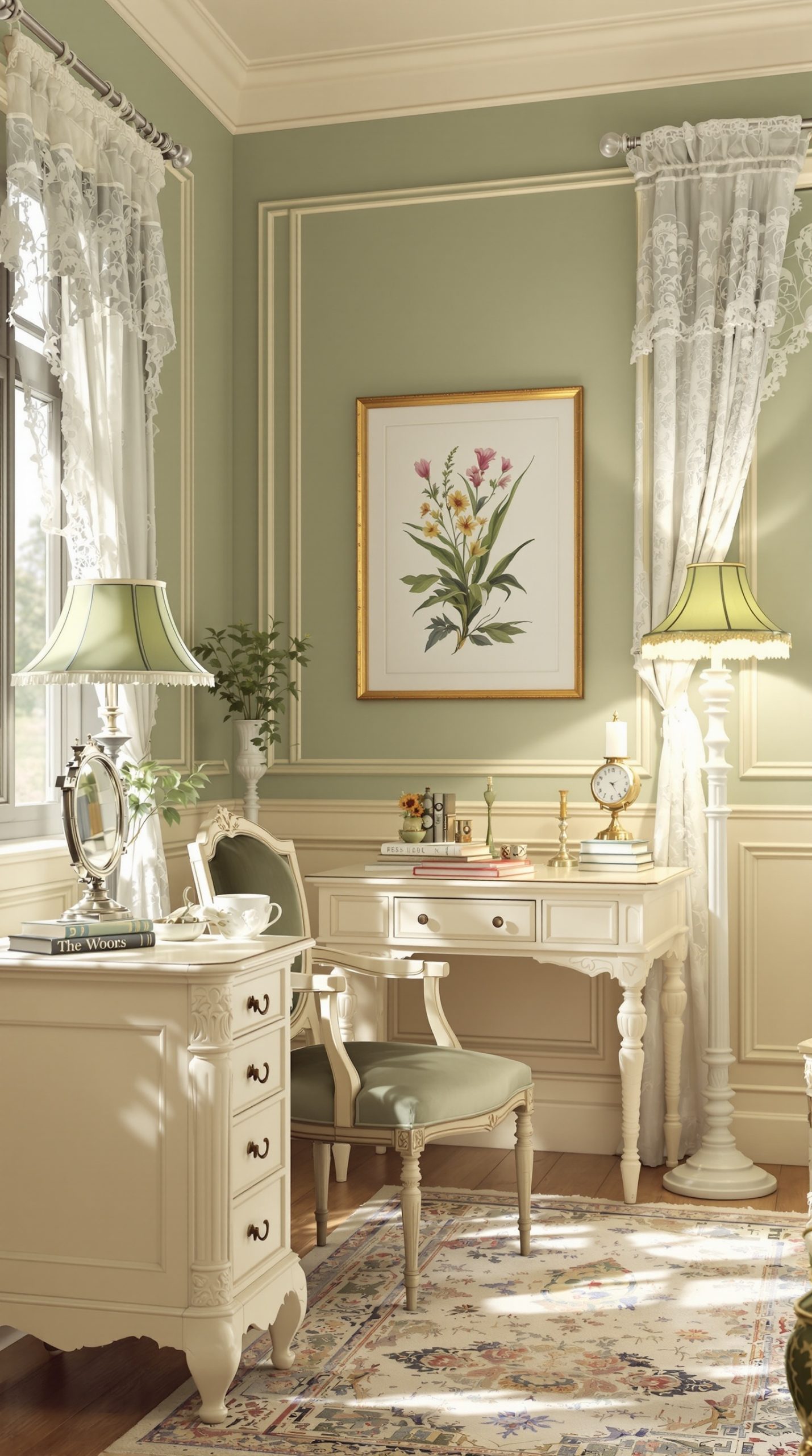Serene Victorian office with sage green walls and cream wainscoting