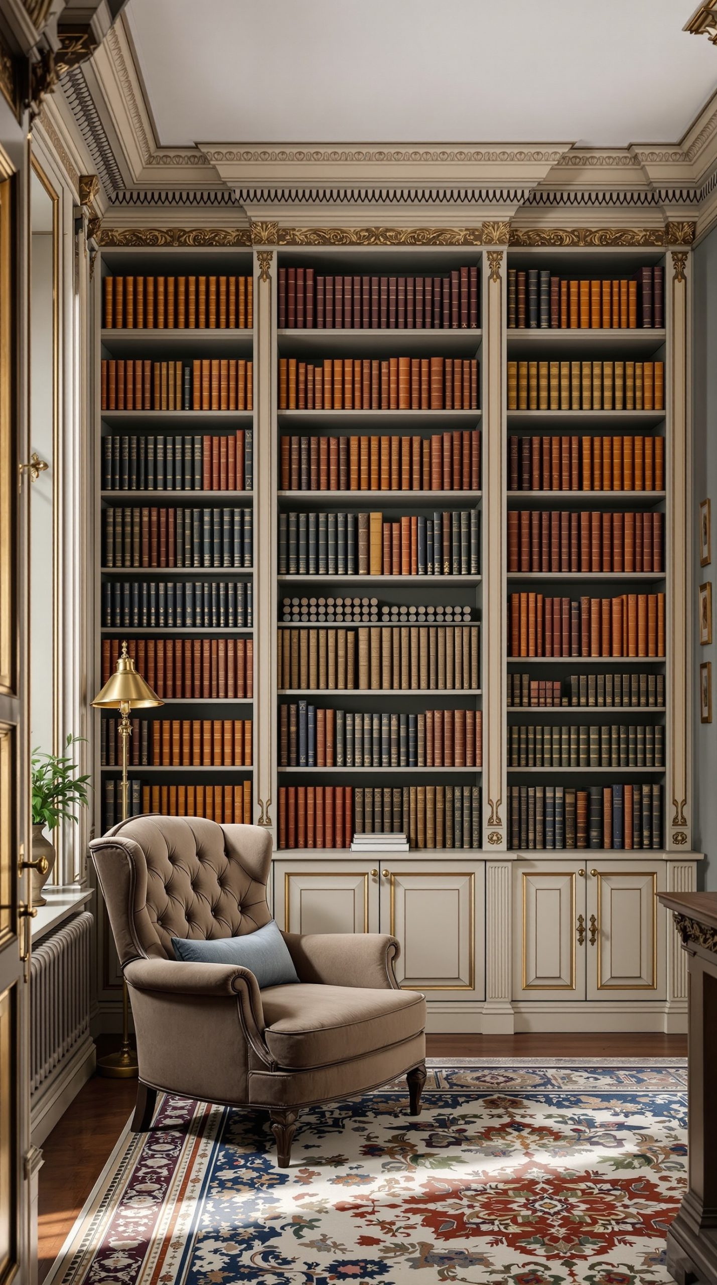 Victorian office with floor-to-ceiling bookcase and library ladder