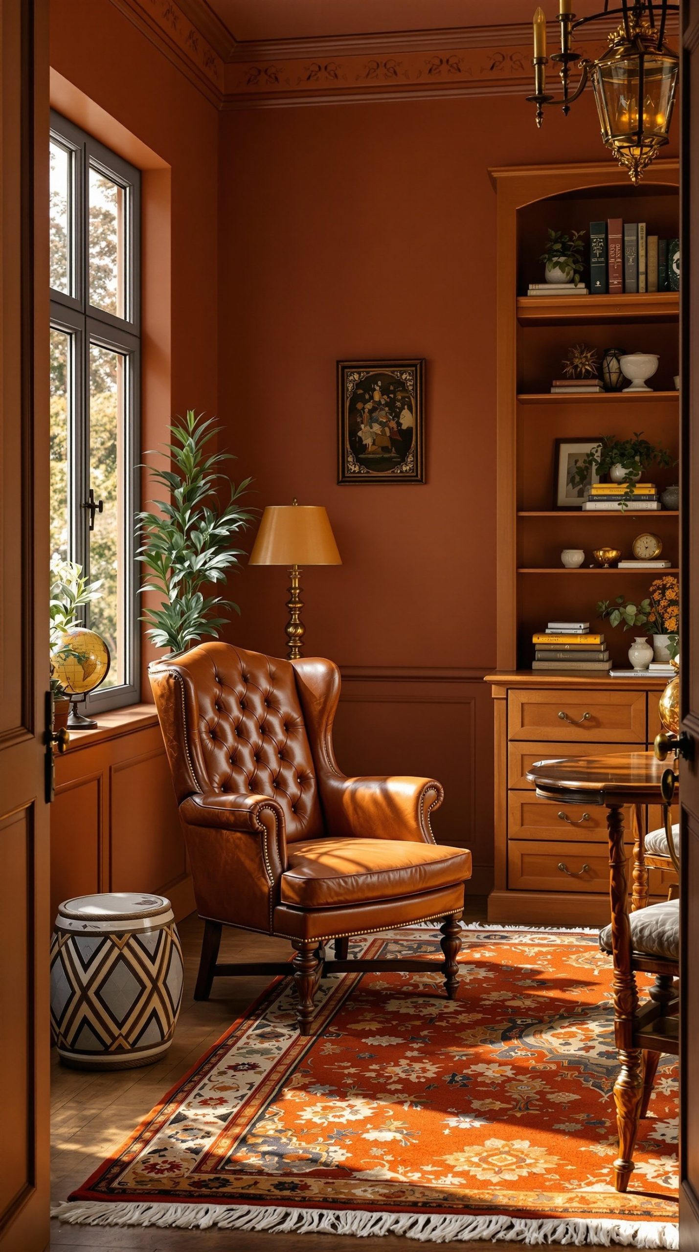 Warm Victorian office with terracotta walls and honey wood furniture