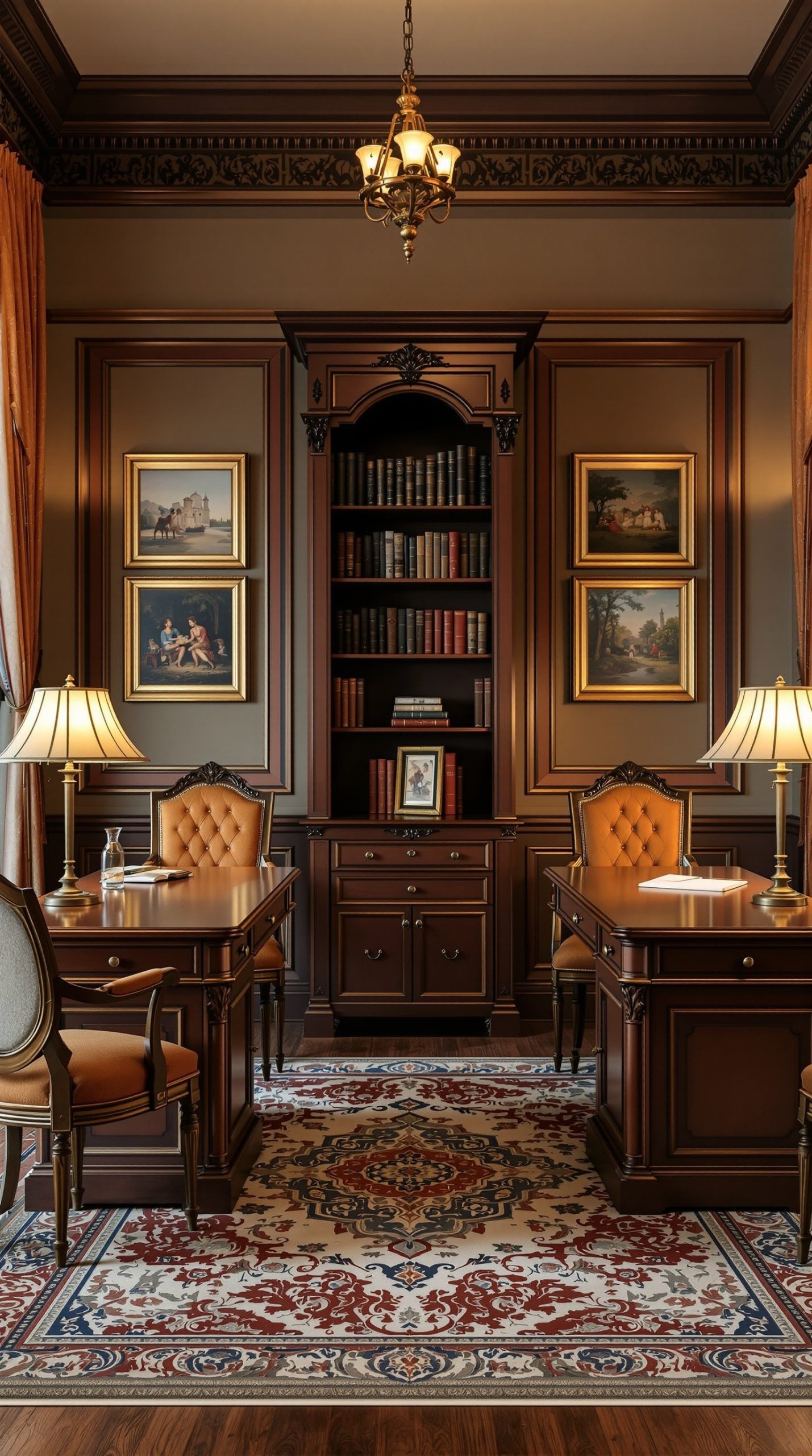 Symmetrical Victorian office with matching twin desks