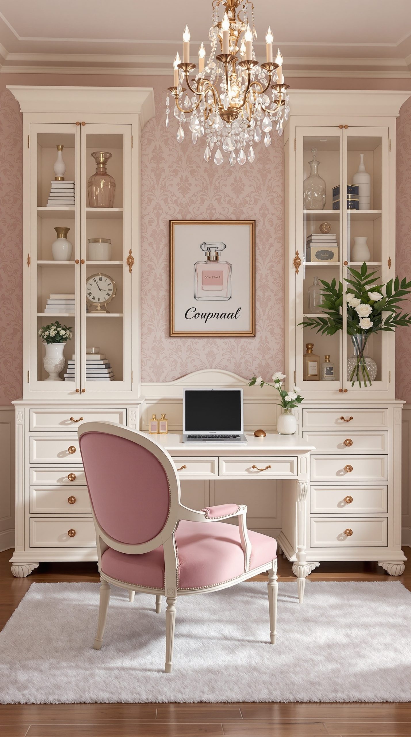 Sophisticated Victorian office with ivory furniture and rose gold accents