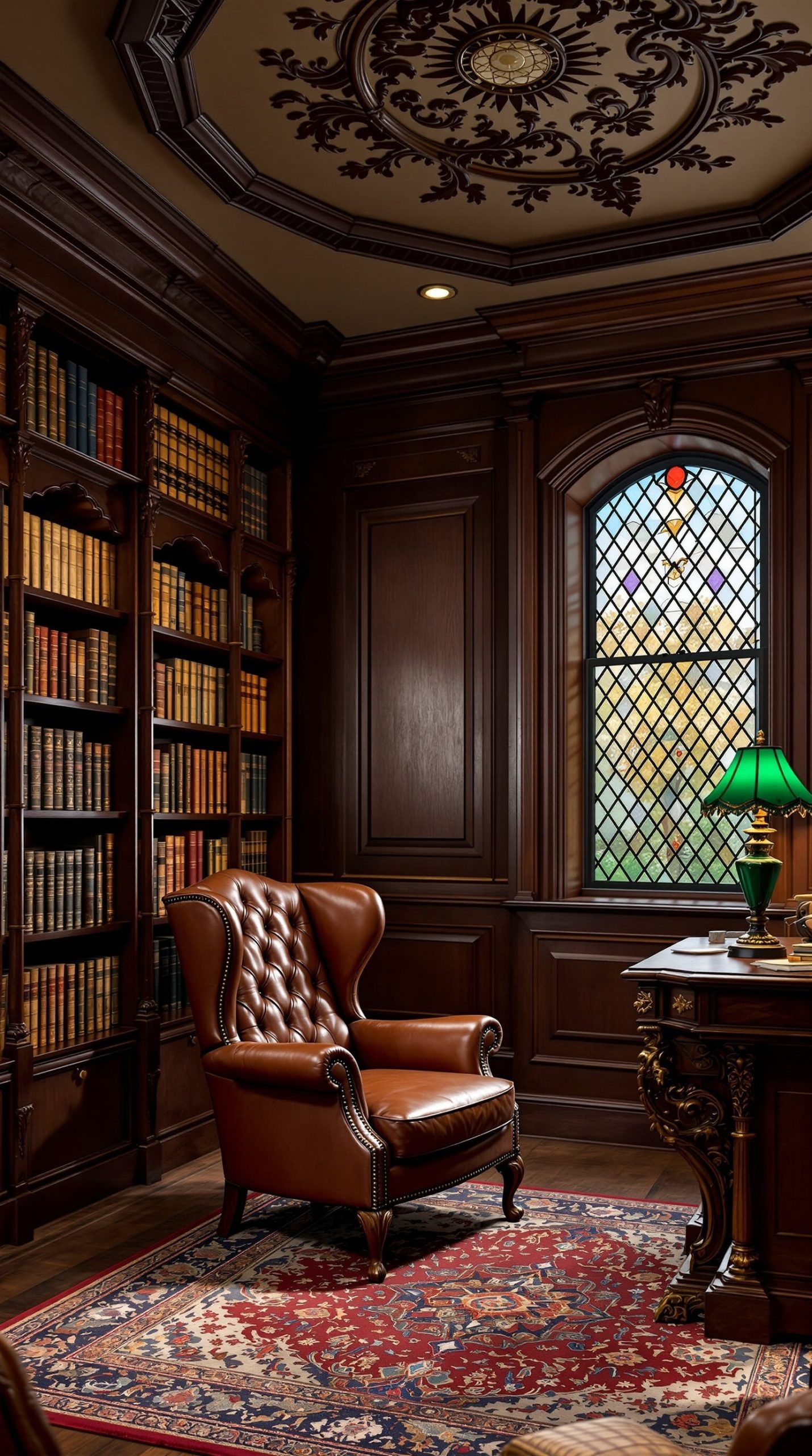Victorian library office with mahogany bookcase and rolling ladder