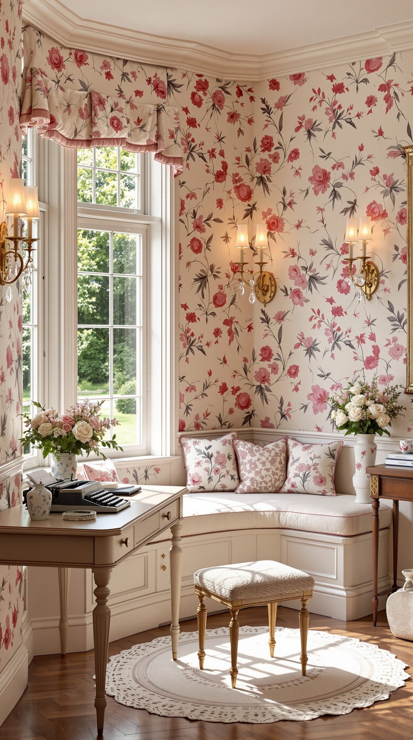 Refined Victorian office with bay window, floral wallpaper, and vintage typewriter