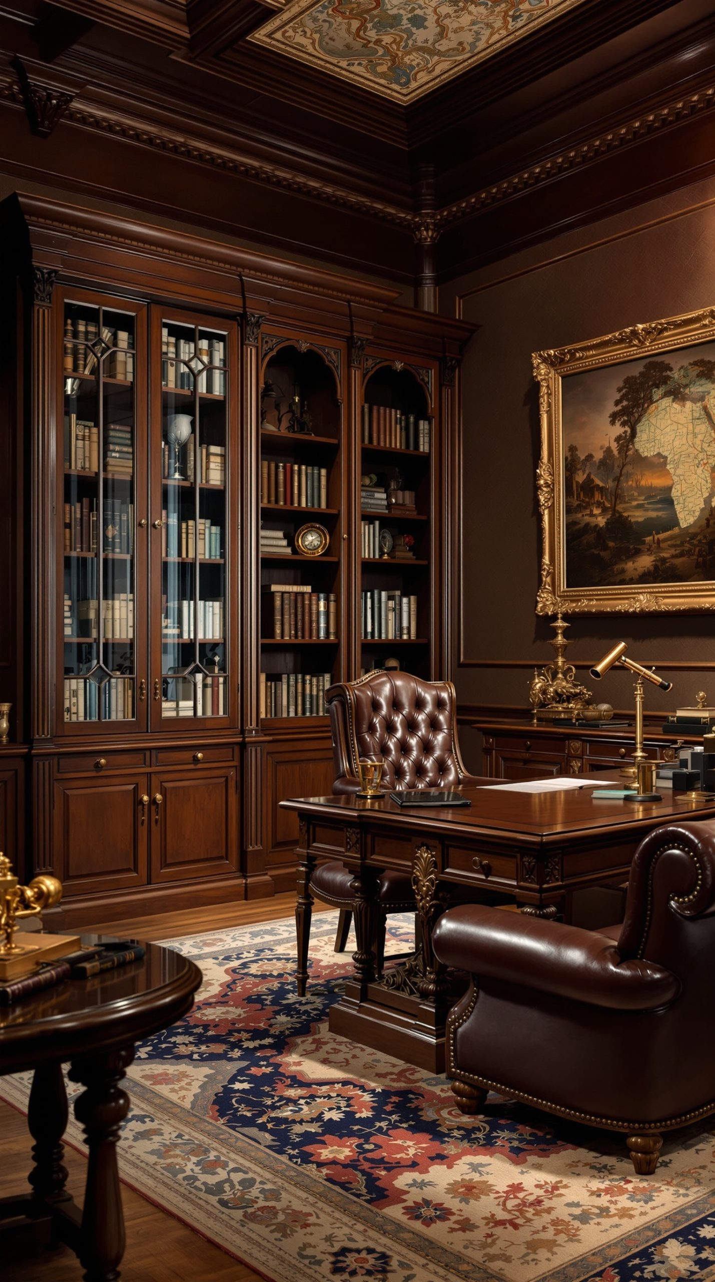 Grand Victorian office with glass-front bookcase and tufted chesterfield sofa