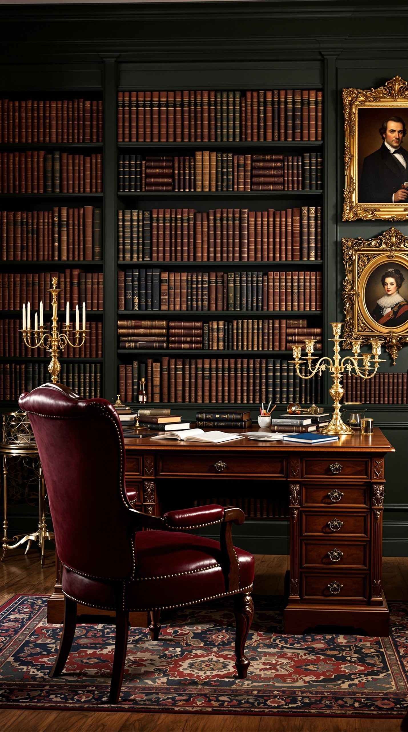 Victorian gentleman's study with dark green walls and leather-bound books