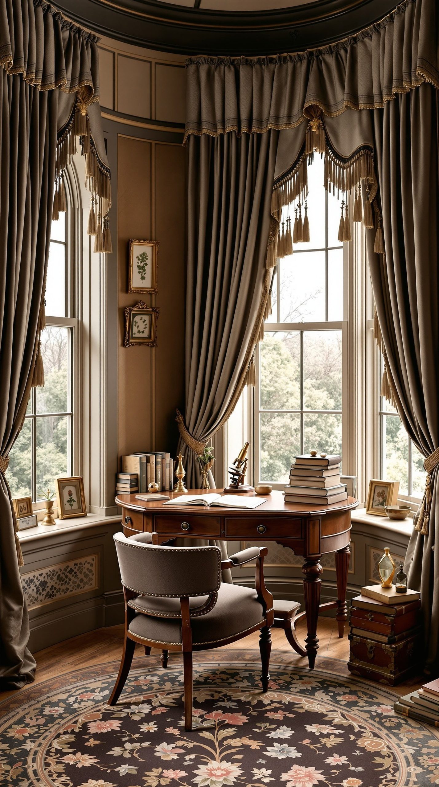 Victorian corner office in turret with curved windows and botanical specimens