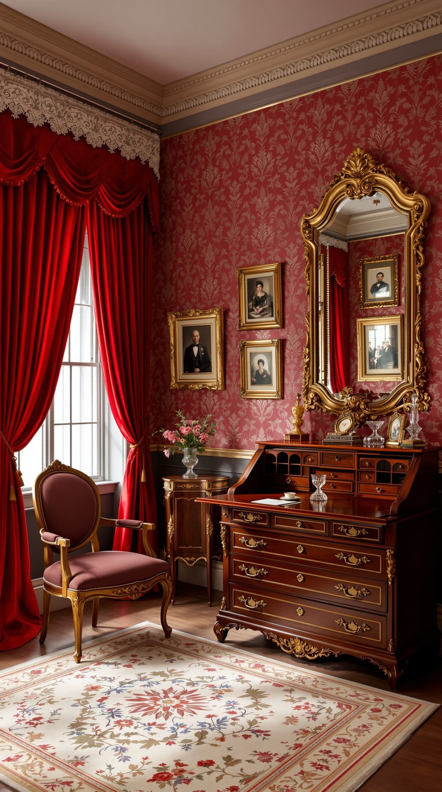 Opulent Victorian office with red velvet drapes and gilded mirror