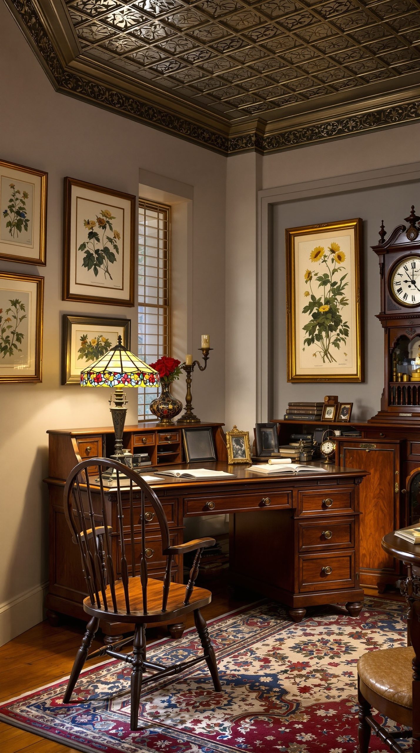 Victorian office with Tiffany-style stained glass lamp and rosewood roll-top desk