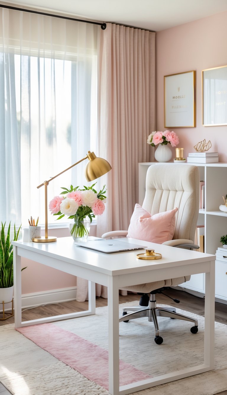 A bright home office with a white desk, laptop, flowers, ergonomic chair, bookshelf, and natural light from a window.