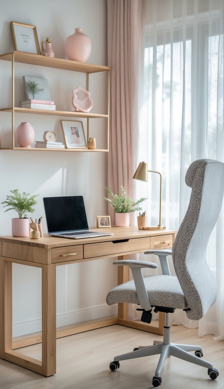 A light oak wooden desk in a bright home office with a laptop, desk lamp, potted plant, and feminine decorative items.