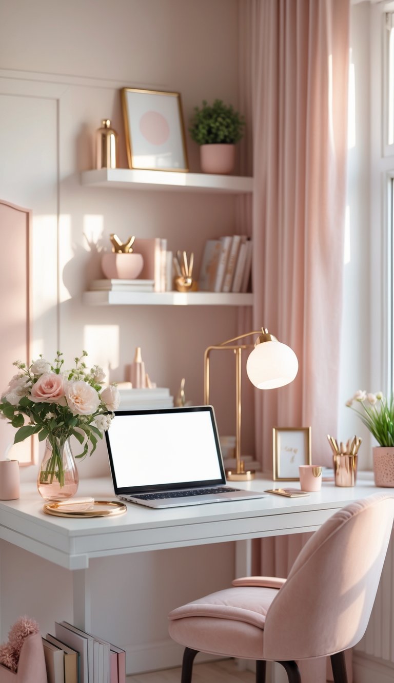 A bright home office with a white desk, laptop, flowers in a vase, a lamp, and decorative items in soft pink and neutral tones.