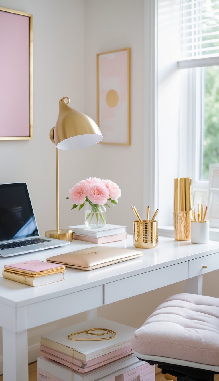 A bright home office with a white desk, gold desk accessories, a laptop, pink flowers, books, and a comfortable chair near a window.