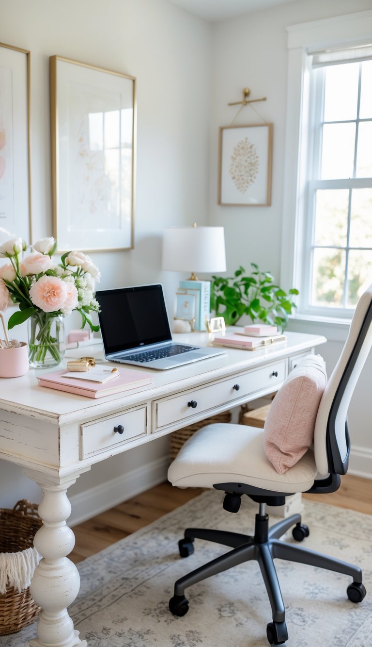 A bright home office with a whitewashed desk, laptop, flowers, and a comfortable chair near a window.